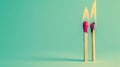 Two burning matches on pastel blue background, ideas, emotional burnout, teamwork. Generative AI Royalty Free Stock Photo