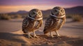 Two Burrowing Owls Standing Tall on Sandy Ground at Dusk, Natural Desert Habitat Royalty Free Stock Photo