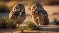 Two Burrowing Owls Facing Forward in Desert Sunset Royalty Free Stock Photo