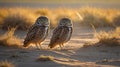 Two Burrowing Owls Stand Side-by-Side in a Desert Landscape at Dusk With Golden Sun Light. Royalty Free Stock Photo