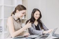 Good work, two business girl help together do jobs done Royalty Free Stock Photo