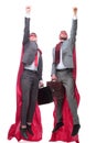 Two business leaders in superhero capes starting out together