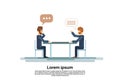 Two Business Man Talking Discussing Chat Box Bubble Communication Sitting at Office Desk Royalty Free Stock Photo