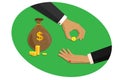 Two business man and woman hands in business suits with a gold coins dollars, bag of money. Vector