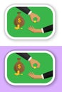 Two business man and woman hands in business suits with a gold coins dollars, bag of money. Sticker with white outline and shadow
