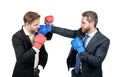 two business men in boxing gloves punching for leadership isolated on white, business fight