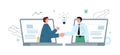 Two business men cooperate and shake hands through the laptops, flat vector illustration on white background. Royalty Free Stock Photo