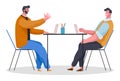 Two business men sitting at office desk talking brainstorming, meeting or interview flat vector Royalty Free Stock Photo