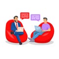 Two business men sitting and talking brainstorming, meeting or interview concept vector illustration. Colleagues working