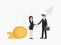 Two business partners shaking hands. Finance growing chart, money coins, profit. Royalty Free Stock Photo