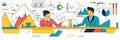 Two business partners a woman and a man are collaborating on data analysis represented by charts graphs and diagrams