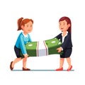 Two business woman carrying huge money bundle