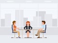 Two business woman and man sitting at the office table cartoon character. Meeting, negotiation, conversation coworkers. Royalty Free Stock Photo