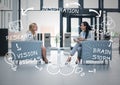 Two business women in armchairs with white business doodles Royalty Free Stock Photo