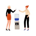 Two Business Women Talking and Drinking Water at Water Cooler, Office Colleagues Vector Illustration Royalty Free Stock Photo