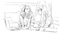 Two business women talking in the office Vector. Storyboard digital template. Sketch style line art