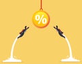 Two businessman flying up by rocket reaching for percentage sign. success business concept