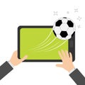 Two businessman hands holding genering tablet PC gadget. Male hand and black Tab with blank screen. Soccer ball flying from touch