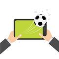 Two businessman hands holding genering tablet PC gadget. Male teen hand and Tab with blank screen. Soccer ball flying from touch s