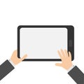 Two businessman hands holding genering tablet PC gadget. Searching concept. Male female teen hand and black Tab with blank screen.