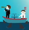 Two Businessman on Leak sinking boat with sharks Royalty Free Stock Photo