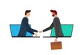 Two businessman make deal on distance and shaking hands on laptop screens. Web online business agreement communication Royalty Free Stock Photo