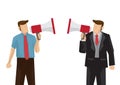 Two businessman with megaphone shouting at each other. Concept of office politics or competition