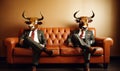 Two businessman in official grey suits and bull heads sit on a brown leather sofa. Metaphor concept. Generative AI