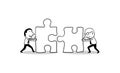 Two businessman pushing big jigsaw piece towards each other. business teamwork concept. isolated vector illustration outline hand