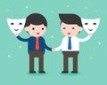 Two businessman shake hand and open mask, sincere business people concept