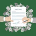 Two businessman signing an agreement. Successful financial partnership, teamwork concept. Hand holds the form of document Royalty Free Stock Photo