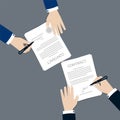 Two Businessman signing and Stamped on the contract agreement form document, Business Partnership concept, Vector Illustration in Royalty Free Stock Photo