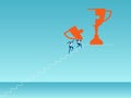 Two businessman walking on stair step to combine trophy puzzle pieces. Make a success concept