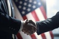 Two businessmen in business suits shaking hands on the background of the American flag. AI generated