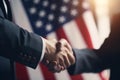 Two businessmen in business suits shaking hands on the background of the American flag. AI generated
