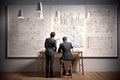 Businessmen draw graphs on the board. Two businessmen in classic suits. Concept: revenue growth, business planning and forecasts Royalty Free Stock Photo