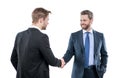 two businessmen colleagues shaking hands after successful business deal, collaboration