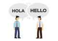 Two businessmen communicate in different languages. Concept of international business or corporate collaboration. English and