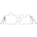 Two businessmen connecting two pieces of jigsaw puzzle together vector illustration sketch doodle hand drawn with black lines