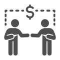 Two businessmen and dollar sign solid icon, communication concept, Business people handshake sign on white background Royalty Free Stock Photo