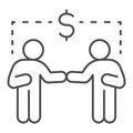 Two businessmen and dollar sign thin line icon, communication concept, Business people handshake sign on white Royalty Free Stock Photo