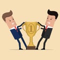 Two businessmen fighting each other for winning award. Angry competing office workers pulling golden prize or trophy. Vector illus