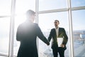 Two businessmen greeting in sunny office room