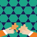 Two Businessmen Hands Holding Colorful Pieces of Jigsaw Puzzle are about to Interlock the Tiles. Creative Background for Royalty Free Stock Photo