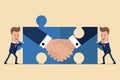 Two businessmen holding puzzle elements with a handshake. Partnership concept. Symbol of a successful transaction. Vector illustra Royalty Free Stock Photo