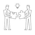 Two businessmen join puzzle linear illustration on white background