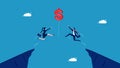 Two businessmen jumping in a race to grab a dollar balloon. business competition for profit