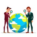 Two Businessmen Looking At Earth Through Magnifying Glass Vector Flat Cartoon Illustration Royalty Free Stock Photo