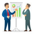 Two businessmen looking at graphs and diagrams on board, man presenting financial plan to boss Royalty Free Stock Photo