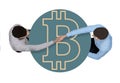 Two businessmen making a peer to peer bitcoin deal shake hands